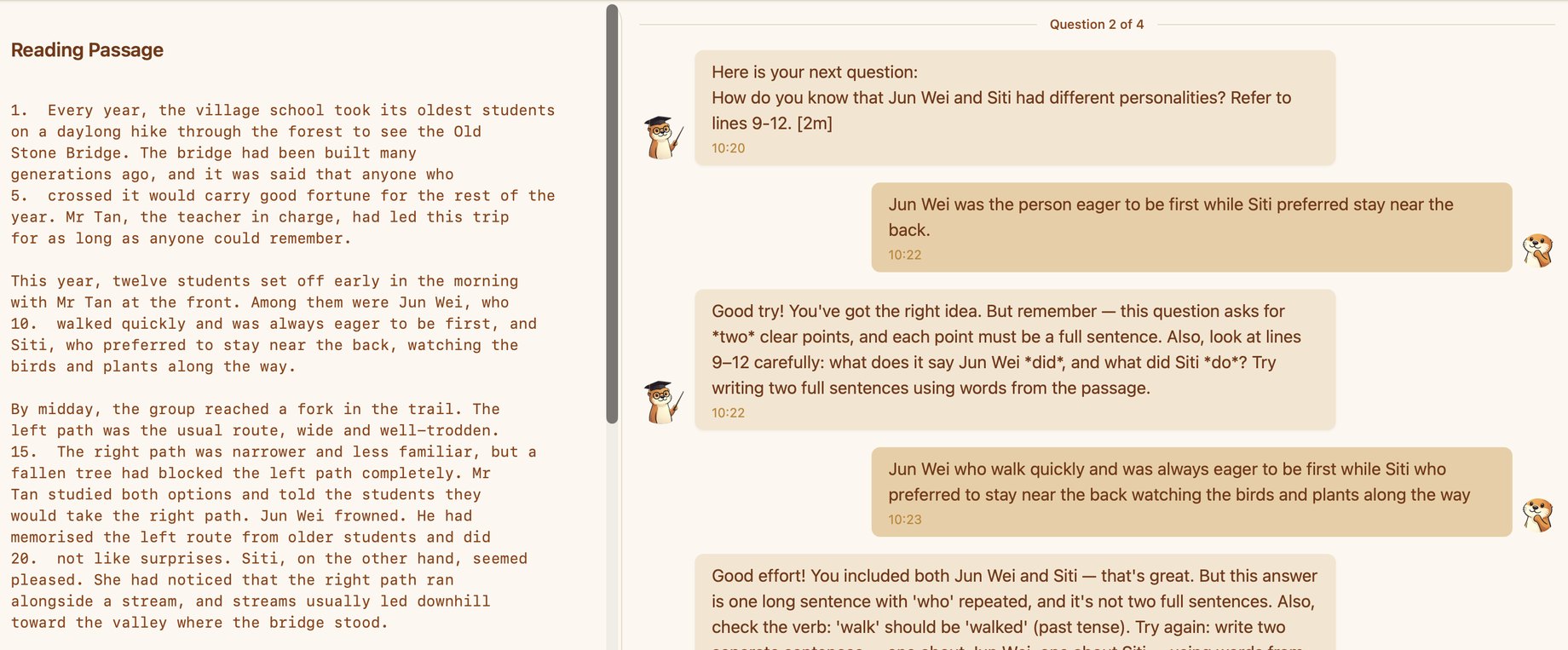 ThinkOtter on screen: the reading passage on the left and the guided comprehension chat on the right, where the tutor asks a PSLE comprehension question and gives encouraging hints first, not quick answers.